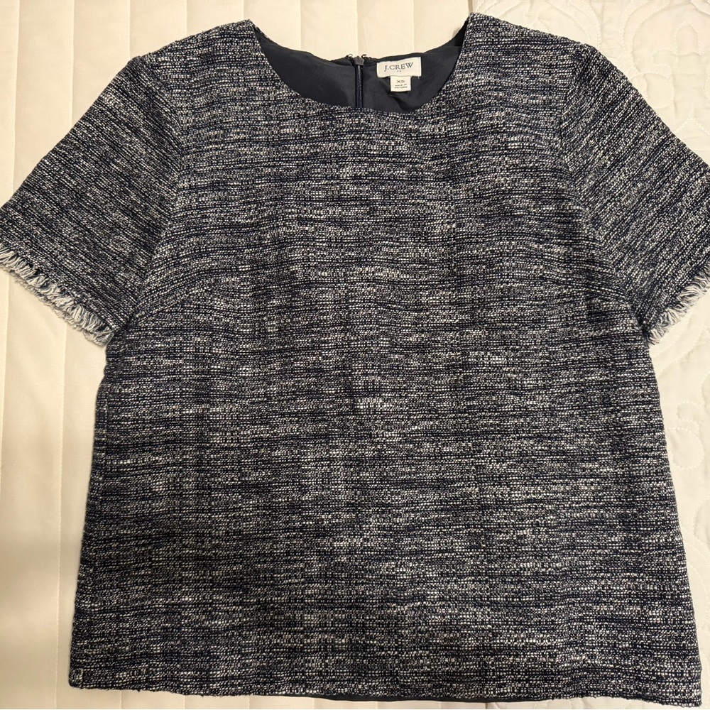 J. Crew Navy & White Tweed Fringe-Sleeve Top
